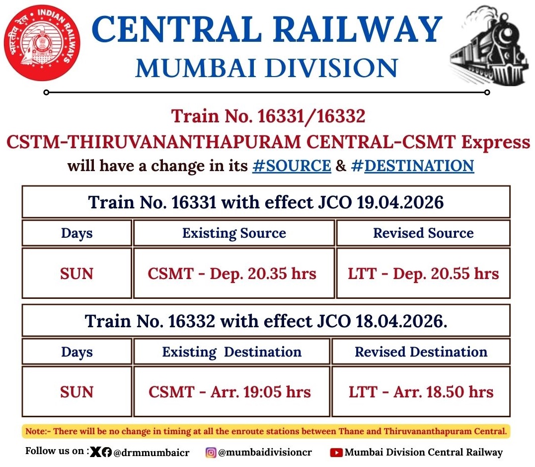 drmmumbaicr's tweet image. 📢 RailUpdate:- Train No. 16331/16332
CSTM-THIRUVANANTHAPURAM CENTRAL-CSMT Express🚆will have a change in its Source &amp;amp; Destination.

Passengers are advised to take note and plan your journey accordingly.

For more details, kindly visit: enquiry.indianrail.gov.in/mntes/ 

#TrainUpdate