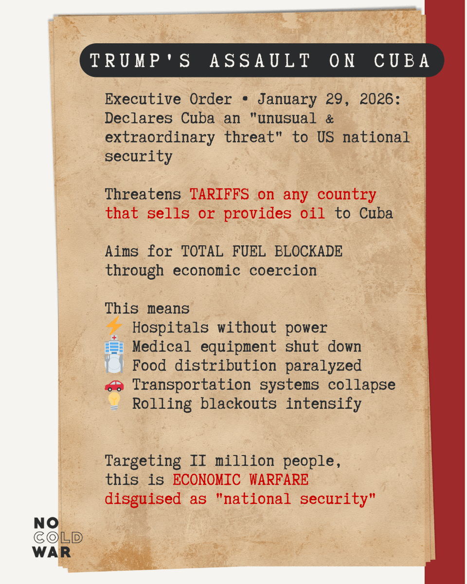 NoColdWar's tweet photo. Cuba is not alone.

From India to Peru, from Palestine to South Africa, the world is rejecting the US fuel blockade as economic warfare.

Hospitals, electricity, food, transport—targeted in the name of “national security.”

The world says no.

🔗 #CubaIsNotAlone #EndTheBlockade #NoColdWar https://t.co/OLyX2fqZgl