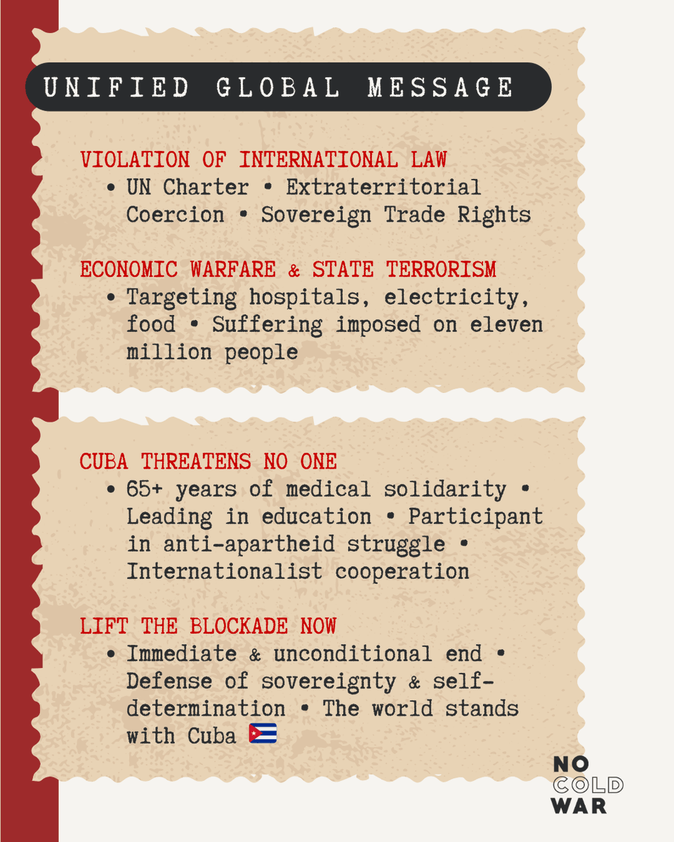 NoColdWar's tweet photo. Cuba is not alone.

From India to Peru, from Palestine to South Africa, the world is rejecting the US fuel blockade as economic warfare.

Hospitals, electricity, food, transport—targeted in the name of “national security.”

The world says no.

🔗 #CubaIsNotAlone #EndTheBlockade #NoColdWar https://t.co/OLyX2fqZgl