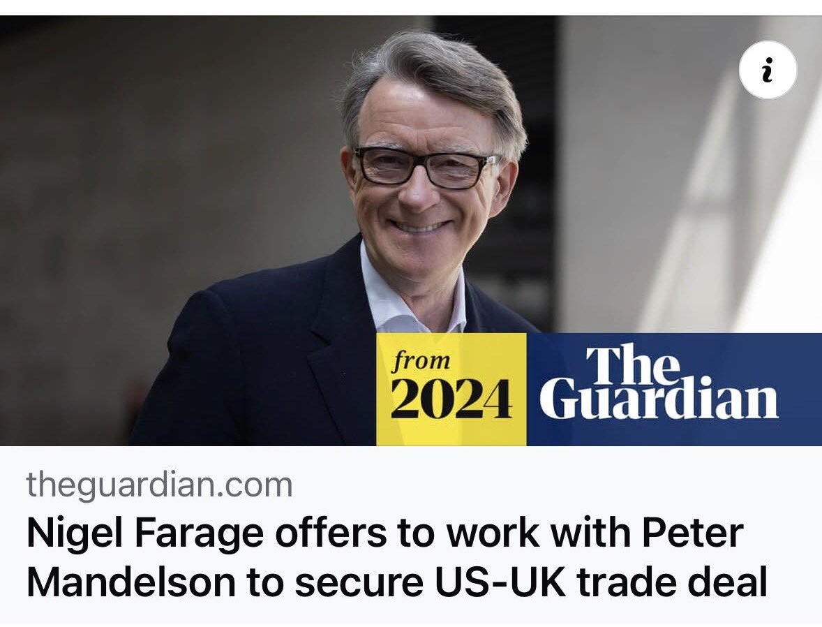 I must say,even as a Tory,that Reform can never be accused of hypocrisy.
For instance Nigel Farage saying Mr Starmer’s association with Mr Mandelson was a “Grave error of judgement” &amp; he should resign.
Mr Farage’s ‘associations’ could NEVER be called grave errors of judgement.🤔