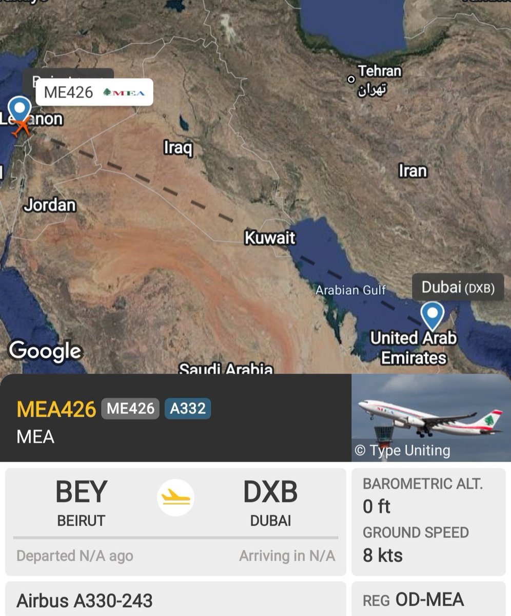 LebanonJets's tweet photo. #ME426 switched to #ODMEA now departing Beirut to Dubai https://t.co/tOOG7gE6S6