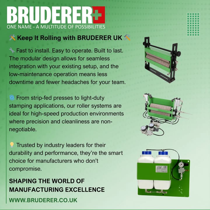 BrudererUK's tweet photo. Keep production rolling with BRUDERER UK’s roller lubrication systems. Simple, clean and consistent—fast to install, easy to run, and built to last. Ideal for high‑speed stamping where precision and cleanliness matter. Streamline your #LubricationSolutions #PressRoom #ukmfg https://t.co/hQGyEoGkkf