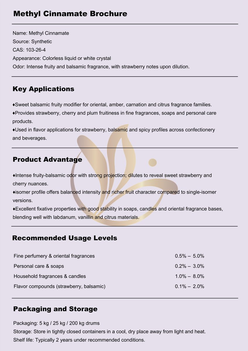 odowell_FF's tweet image. Methyl cinnamate: fruity-balsamic ester with strawberry dilution character for oriental/amber fragrances. Strong fixative across perfume and functional care. #perfumery #fruitynotes