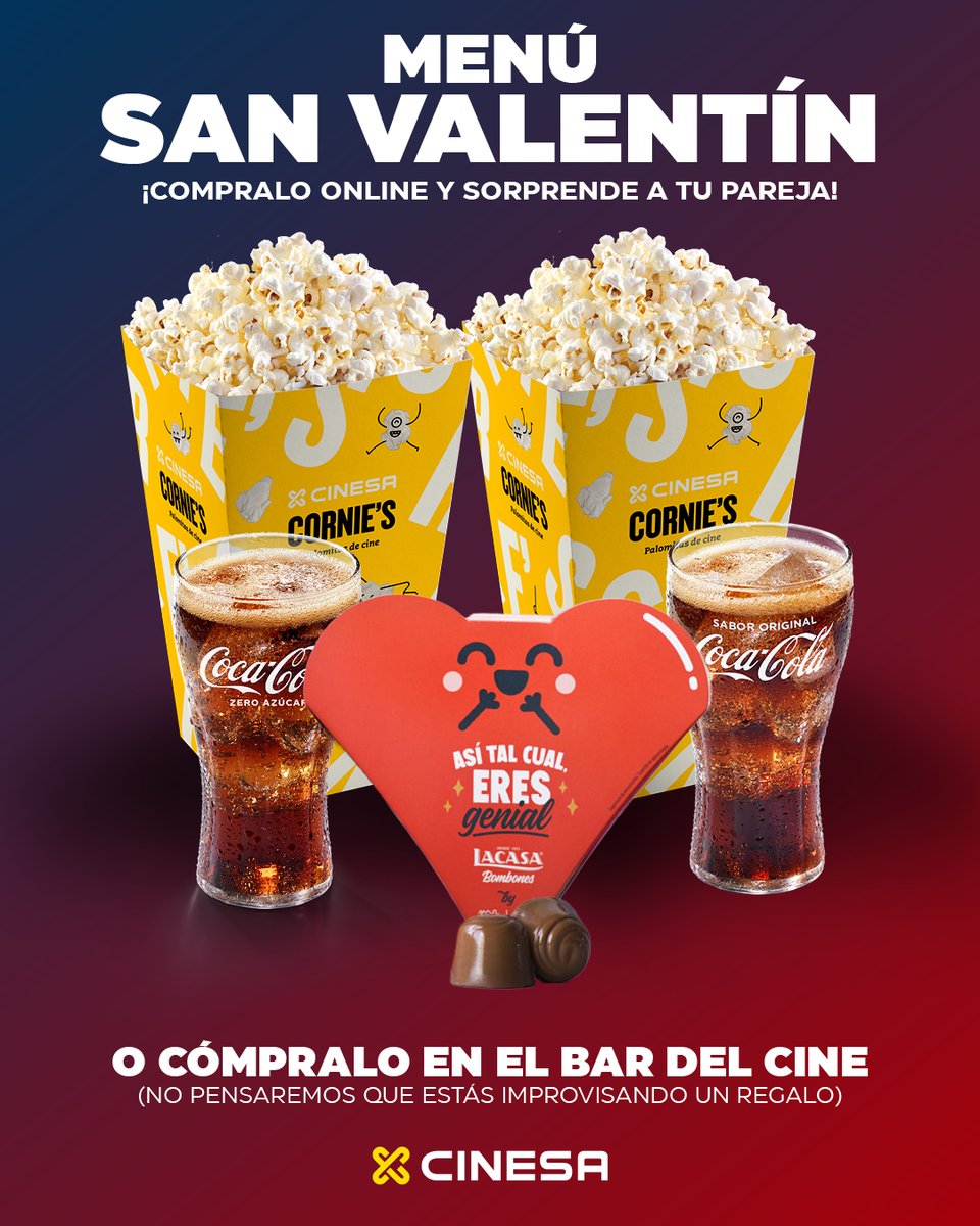 Cinesa's tweet image. Cine + palomitas + bombones 🥰 Planazo para #SanValentín 💝Cómpralo online y sorprende a tu pareja, o pídelo en el bar del cine (¡prometemos no juzgarte si es un regalo de último minuto!. Mentira sí lo haremos 😅). 
cinesa.es