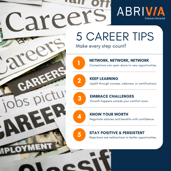 Make every step count! 🚀 As we head into the weekend, take a moment to reflect on your career journey. Whether it's networking with peers or knowing your worth during a negotiation, these five tips are essential for long-term success. 

#CareerTips #FridayFeeling #TeamAbrivia
