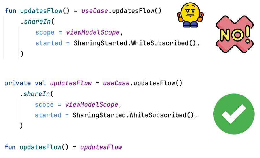 Another common misuse is creating a StateFlow for each call. That makes no sense. We create StateFlow so it can be shared by multiple flows. StateFlow should be stored in a property; only then can it be shared by multiple flows.