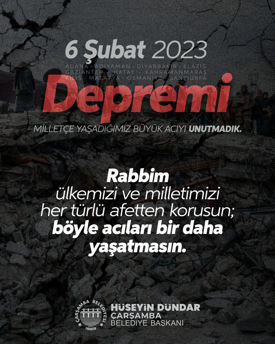 6 Şubat depremlerinin yıl dönümünde; milletçe yaşadığımız büyük acıyı unutmadık. Hayatını kaybeden vatandaşlarımızı rahmetle anıyor, geride kalan yakınlarına Yüce Allah'tan sabır ve metanet diliyorum. 
Rabbim milletimizi her türlü afetten korusun; böyle acıları bir daha yaşatmasn