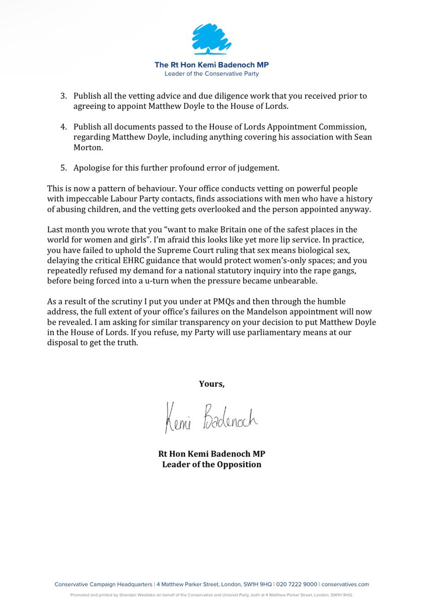 Keir Starmer has a blindspot when it comes to Labour grandees &amp; their dubious associations.

I’ve written to the PM demanding full transparency on why Matthew Doyle was elevated to the House of Lords despite serious red flags during vetting.

There seems to be a pattern emerging.