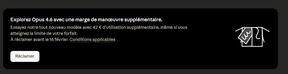Alerte astuce pour Claude

Sur cette url : claude.ai/settings/usage Anthropic vous file 42€ de crédits gratuits supplémentaires pour tester Opus 4.6

Les crédits s'ajoutent automatiquement à votre solde API, c'est bien

A réclamer avant le 16 février