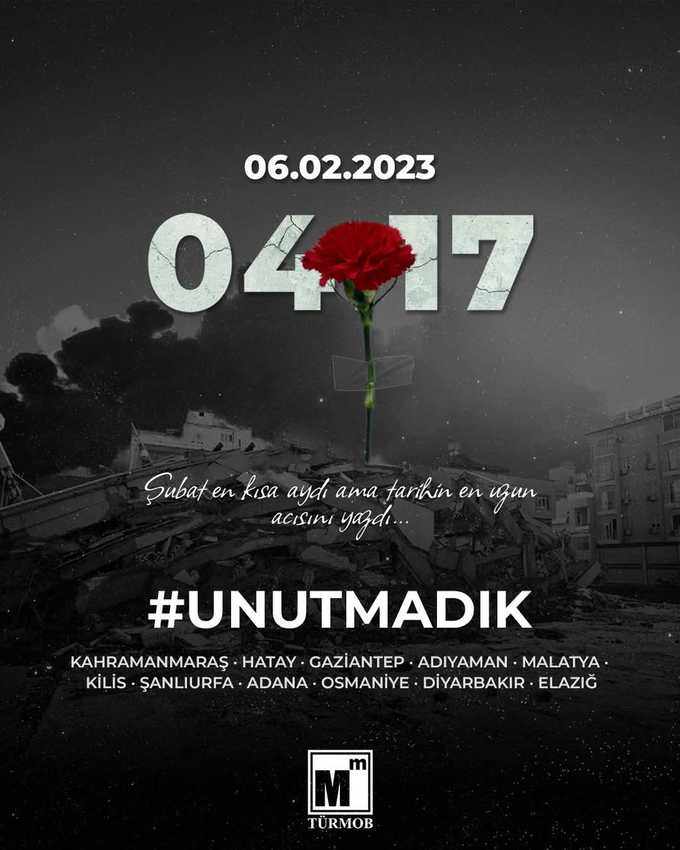 Unutmadık, unutmayacağız…

6 Şubat felaketinin üzerinden 3 yıl geçse de acımız ve özlemimiz hiç azalmadı. Kaybettiğimiz meslektaşlarımızı ve tüm vatandaşlarımızı rahmetle anıyoruz.

Dayanışmayı, umudu ve hafızamızı diri tutmaya devam edeceğiz.

#6Şubat #Unutmadık
#türmob