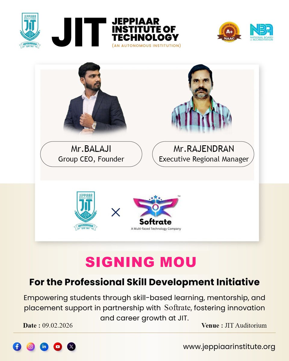 JeppiaarIT's tweet photo. JIT × Softrate
MoU signed for Professional Skill Development — empowering students through skills, mentorship & career support.
#MoU #SkillDevelopment #JIT #Softrate https://t.co/Btr4RmjOt9