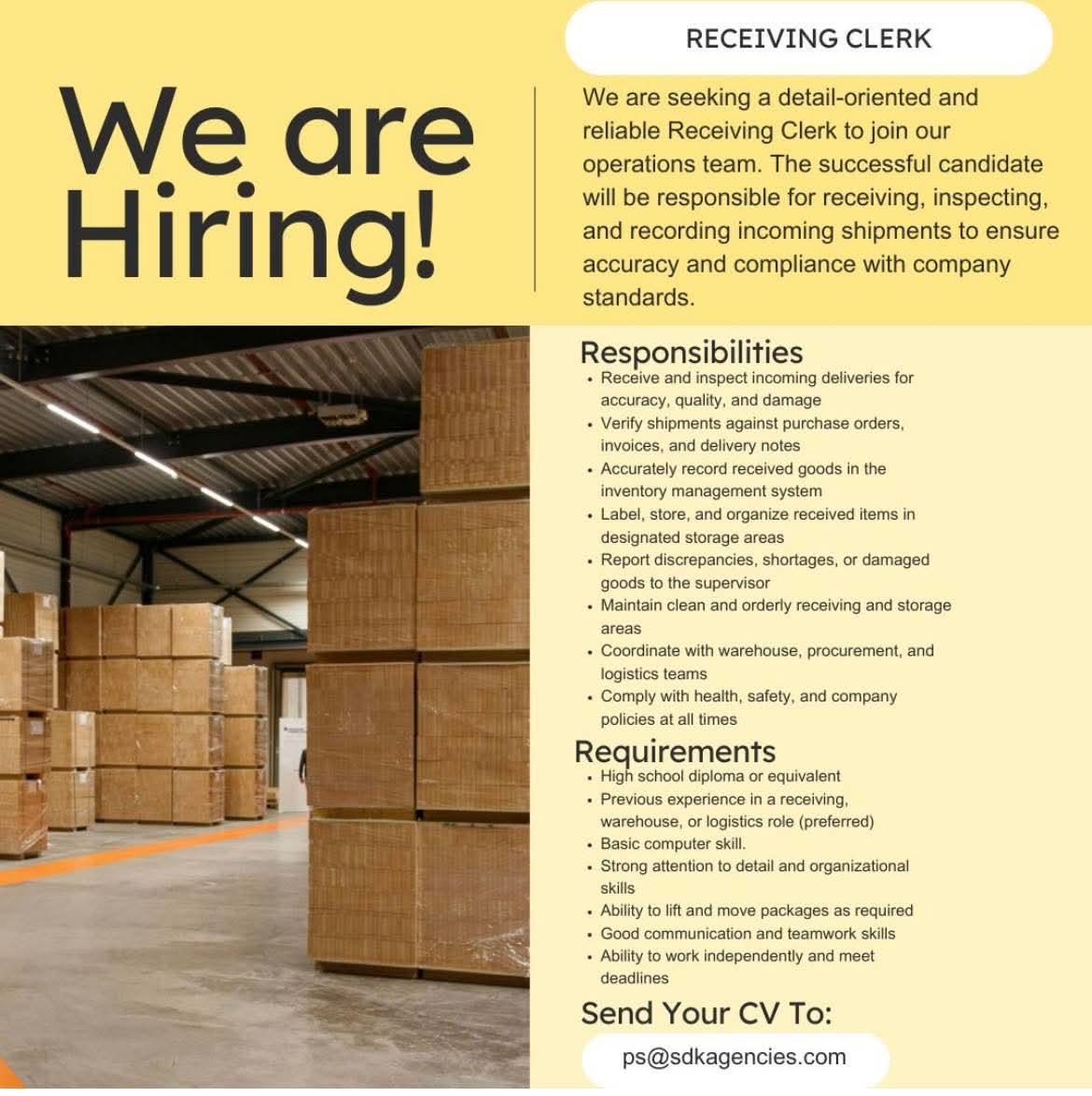 We’re looking for a Receiving Clerk to join our operations team in Midrand.

🔹 Industry: Manufacturing
🔹 Experience: 1-2 Years
🔹 Location: On-site

Email your CV to ps@sdkagencies.com