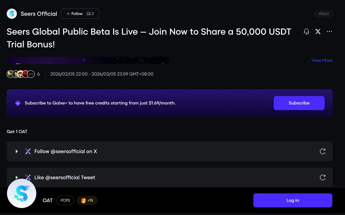 预测市场火了，你参与了几个？

看到 Seers 的零撸活动，我帮你把路径缩成 3 步：

① 先拿 Galxe 大奖池（50,000 USDT 等值体验金）

关注 Seers、注册账号充值 + 完成首次预测

传送门：app.galxe.com/quest/evSM9qPR…

② 再吃 7 天签到

连续签到一周，最高 1900 USDT 试玩金（按规则可兑换）

③