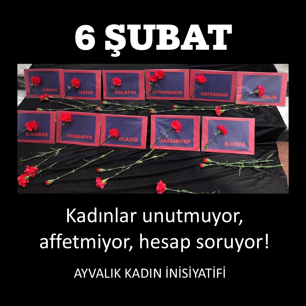 AyvalikKadin's tweet photo. Kadınlar unutmuyor, affetmiyor, hesap soruyor!
📣6 Şubat  Cuma günü, 18.30’da öfkemizle, acımızla, isyanımızla, dayanışmamızdan aldığımız gücümüzle #Ayvalık Cumhuriyet Meydanı’nda olacağız.
Sen de gel!
#6Şubat2023 #deprem #kadındayanışması #DepremiUnutmaUnutturma https://t.co/Oi8rSmDaqG