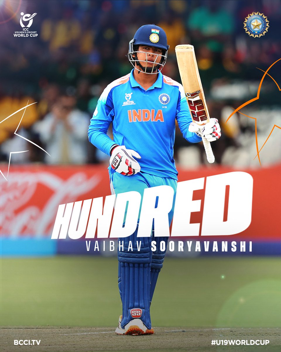 BCCI's tweet photo. 𝗛.𝗨.𝗡.𝗗.𝗥.𝗘.𝗗 💯

Cometh the hour, cometh Vaibhav Sooryavanshi 👏

He smashes a 55-ball century in the #U19WorldCup Final 🫡

Updates ▶️ https://t.co/hisult7mtv https://t.co/vNZY4ZoLJ3