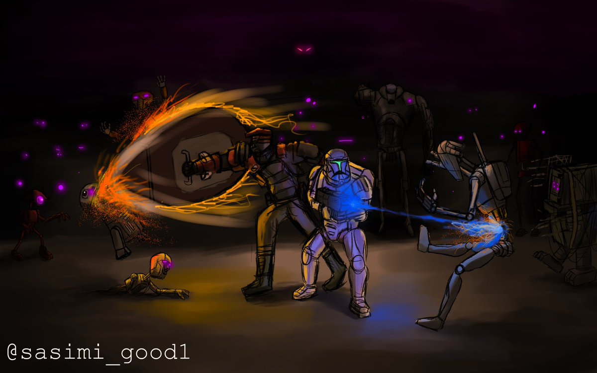 TF21_connie's tweet image. スター・ウォーズ：運命の遭遇
Star Wars: Fateful Encounter

ドロイド軍による戦闘シーン
コンセプトアート

✒→【サシミ】 @sasimi_good1

#StarWarsfanart 
#CloneCommando
#Battledroid