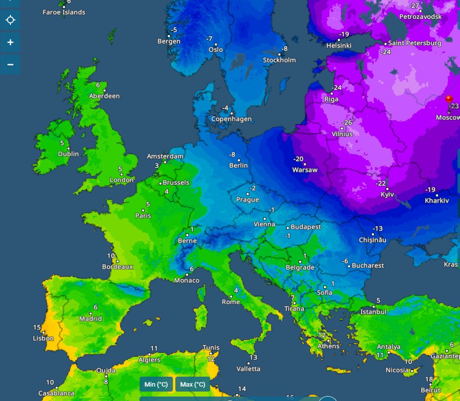 onlmaps's tweet image. West Europe vs east Europe temperature difference