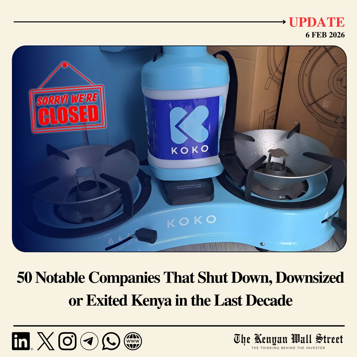 kenyanwalstreet's tweet photo. At Least 50 of the Most Notable Companies Have Shut Down, Downsized or Exited Kenya in the Last 10 Years

2026
▸ Koko Networks — Shut down; entered administration.

2025
▸ D.T. Dobie — Voluntary liquidation.
▸ Bank Al-Habib (Rep Office) — Closed Kenya office.
▸ Lipa Later — Entered administration.
▸ Medsaf — Shut Kenya operations.
▸ Edukoya — Shut Kenya operations.
▸ Joovlin — Shut Kenya operations.
▸ 54 Collective — Closed Kenya studio.
▸ Okra — Withdrew from Kenya.
▸ Angaza Kenya — Voluntary liquidation.
▸ Caltex House Service Station — Struck off register.
▸ Bora Motors — Struck off register.
▸ CMC Motors Group — Market wind-down and exit.
▸ Roofings Kenya — Operations halted.
▸ White Rhino Hotel — Placed in receivership.

2024
▸ Mombasa Apparel EPZ — Operations ceased; assets absorbed into successor EPZ entity.
▸ Base Titanium — Mine wind-down began.
▸ Mobius Motors — Entered liquidation.
▸ Copia — Entered administration.
▸ Betsafe — Exited Kenya.
▸ iProcure — Entered administration.
▸ Carrefour (Kisumu store) — Store closed.

2023
▸ Tuskys — Final liquidation order.
▸ Jumia Food — Shut food delivery business.
▸ Zumi — Shut down.
▸ Wabi (Coca-Cola) — Platform shut in Kenya.
▸ Sendy — Entered administration; operations ceased.
▸ Eastend Junior Academy — School closed.
▸ Xetova / Gro / WeFarm — Kenya operations closed.

2022
▸ Game (Massmart) — Exited Kenya.
▸ Kune Food — Shut down.
▸ Notify Logistics — Shut down.
▸ Sky Garden — Collapsed; assets sold.
▸ MarketForce — Material downsizing.
▸ NopeRide — Shut Kenya operations.

2020
▸ Nakumatt — Liquidated.
▸ Shoprite — Exited Kenya.
▸ Choppies — Exited Kenya.

2019
▸ Ebrahim & Co — Closed.
▸ Ukwala — Liquidated.
▸ Deacons EA — Closed.
▸ Betin — Exited Kenya.
▸ Finlays Flowers — Downsized.

2018
▸ ARM Cement — Entered administration.

2017
▸ Atlas Development — Shut Kenya operations.

2016
▸ Kenya Fluorspar — Shut mine.
▸ Karuturi Flower Farm — Liquidated.
▸ Chase Bank — Placed in CBK receivership.