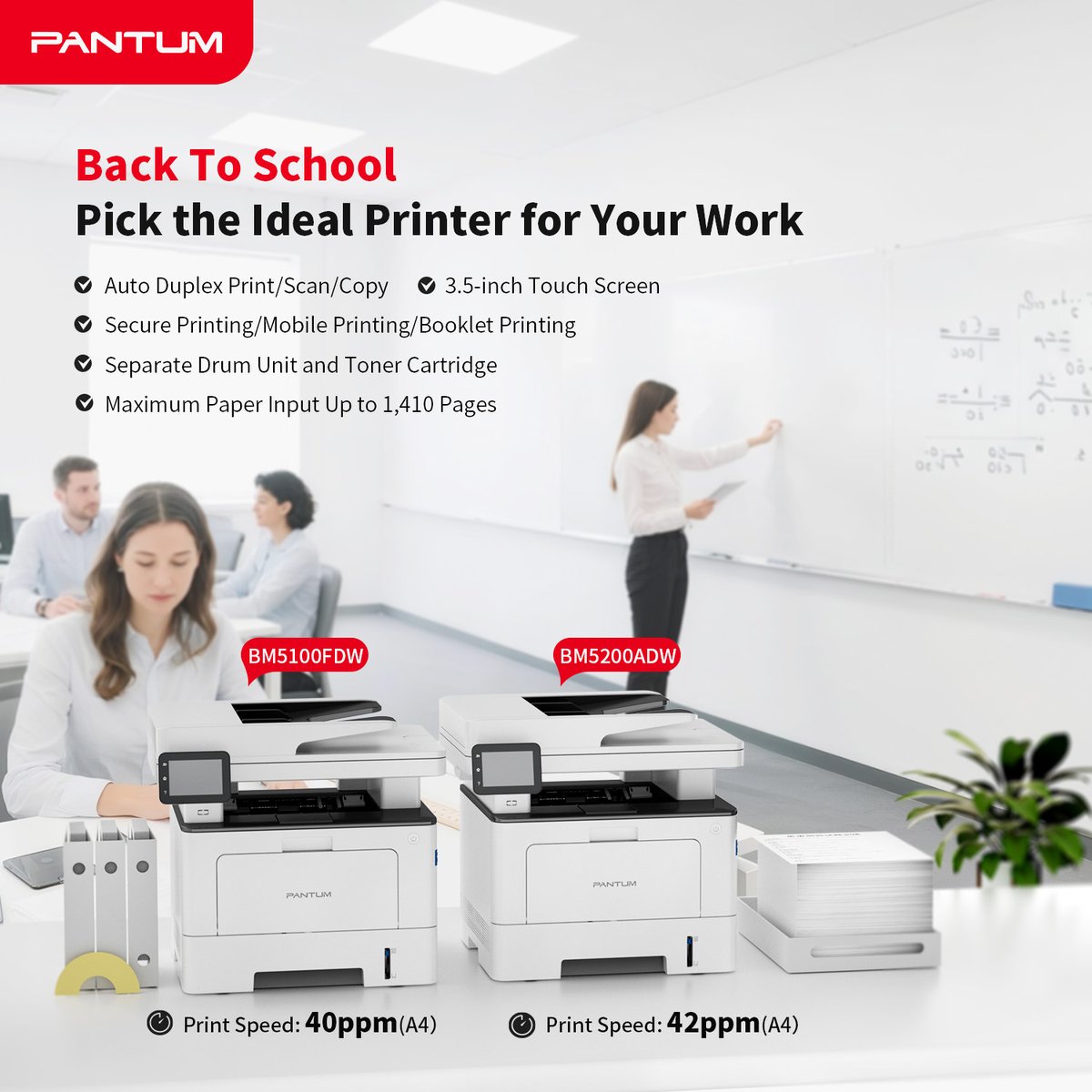 PantumPrinter's tweet image. Holidays are over, new semester is near!
Drowning in printouts? Get a powerful working assistant.
#Pantum BM5100FDW &amp;amp; BM5200ADW: ✅High print speed ✅Convenient touchscreen ✅ Advanced features ✅ Eco-friendly separate drum&amp;amp;toner design
Get ready to ace the semester! #printer