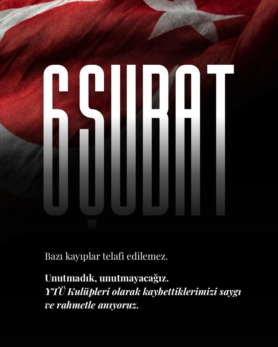 6 Şubat 2023 tarihinde meydana gelerek 11 ilimizi derinden etkileyen depremin yıldönümünde vefat edenleri rahmetle anıyor, yakınlarına sabır ve başsağlığı diliyoruz. 
Unutmadık, unutmayacağız!

YTÜ Öğrenci Kulüpleri