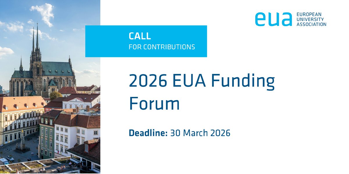 euatweets's tweet image. 📣  EUA is seeking proposals for contributions to the 2026 Funding Forum (#EUAFF26), which will take place at Brno University of Technology, Czech Republic, on 14-16 October 2026. 
📅  The submission deadline is 30 March.
Read the call in full at bit.ly/45qBgsi