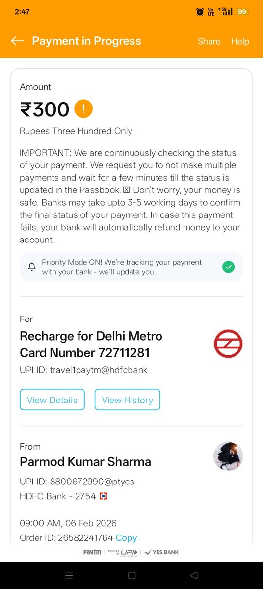 Dev91s's tweet photo. Done the metro card recharge but its showing pending .. please confirm the status 
@OfficialDMRC @Paytmcare @Paytm https://t.co/resxoCrOHO