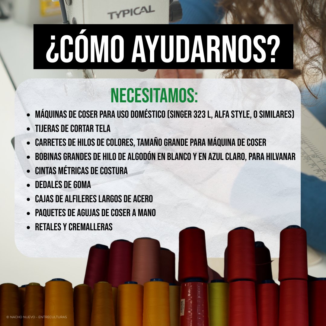 pueblos_unidos's tweet photo. 🧵 ¡Necesitamos tu ayuda!

Queremos crear un Taller de Costura en Pueblos Unidos 💜

🙏Necesitamos:
Máquinas de coser, tijeras, hilos, bobinas, cintas métricas, dedales, alfileres, agujas, retales y cremalleras.
📍 C/ Mártires de la Ventilla 103
🕣 8:30–16:30

¡Todo suma! 🤝 https://t.co/Zm2dlLsPun