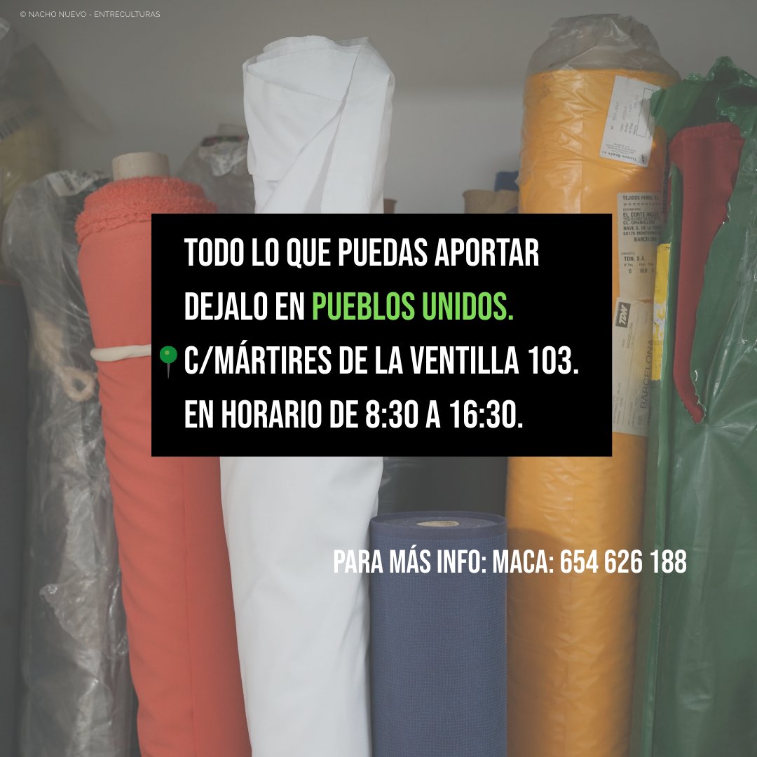 🧵 ¡Necesitamos tu ayuda!

Queremos crear un Taller de Costura en Pueblos Unidos 💜

🙏Necesitamos:
Máquinas de coser, tijeras, hilos, bobinas, cintas métricas, dedales, alfileres, agujas, retales y cremalleras.
📍 C/ Mártires de la Ventilla 103
🕣 8:30–16:30

¡Todo suma! 🤝