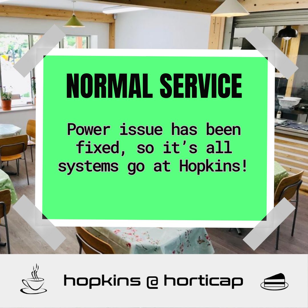 Horticap's tweet image. Our power issue is resolved, so it’s normal service today after all. 🙂 #Harrogate #charity #learningdisabilities #cafe #Yorkshire