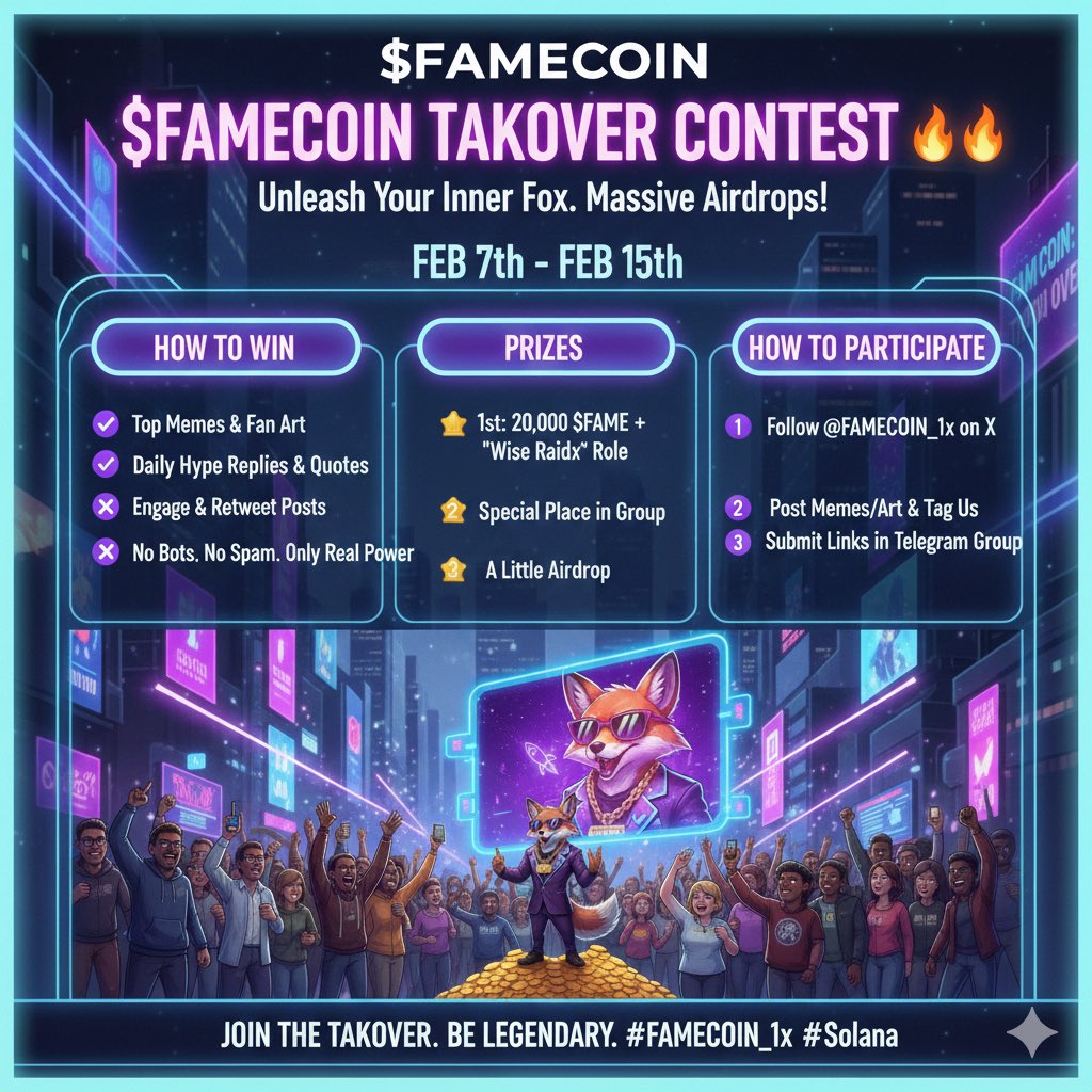 FAMECOIN_1x's tweet photo. The $FAMECOIN Takeover Contest is officially live! We reward the hustlers, the creators, and the real ones.
β
Follow @FAMECOIN_1x
β
Post your memes/art & Tag us
β
Join the TG to submit links
No bots. No spam. Just real power. LFG! ππ
#FAMECOIN #SolanaSummer $SOL
https://t.co/pKjemKahiL