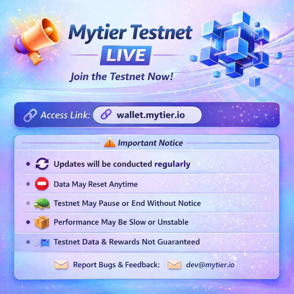 Mytier_official's tweet photo. 📢 Mytier Testnet Operation Notice

Hello,
This is the Mytier team.
To test our core features and ensure system stability,
the Mytier Testnet is now live.

👉 Access the Testnet:
🔗 https://t.co/kwSsJrnutZ
The testnet is a testing environment where we review core platform features, reward mechanics, network stability, and overall user experience.

The testnet will be updated regularly.
We will continue improving it based on user feedback.
Please note that features, rewards, and data in the testnet may differ from the mainnet and may change in the future.

Your participation and feedback help improve the quality and reliability of Mytier.

⚠️ Important Notice
🔄 Testnet data reset
As this is a development and testing environment, data may be reset at any time.

⛔ Temporary suspension or shutdown
The testnet may be suspended or closed without prior notice due to maintenance, updates, or technical issues.

🐢 Performance limitations
You may experience network delays, reduced performance, or temporary errors during the testnet.

📦 No data or reward guarantee
All testnet data, rewards, and activity records are not guaranteed and will not be transferred to the mainnet.

🛠️ Feedback and bug reports
If you find bugs, errors, or have suggestions, please contact us by email.
📧 dev@mytier.io
📧 support@mytier.io

We will continue to share updates through Mytier official channels.
Thank you.
 Mytier Team