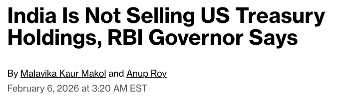 wallstengine's tweet photo. India 🇮🇳 said it is not selling U.S. Treasuries, pushing back on market chatter. RBI governor said recent changes reflect normal reserve fluctuations as the central bank supported the rupee, not a reduction in Treasury holdings. https://t.co/aTQxFHWJA1