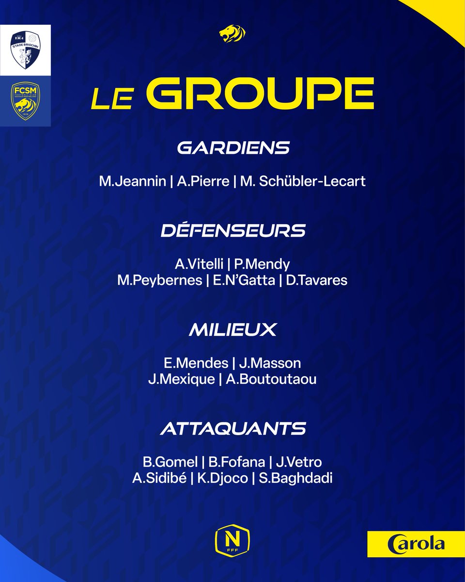 FCSM_officiel's tweet photo. 📢👥 Le 𝗴𝗿𝗼𝘂𝗽𝗲 𝘀𝗼𝗰𝗵𝗮𝗹𝗶𝗲𝗻 pour #SBFCSM.

Vincent Hognon a convoqué 18 joueurs pour le déplacement en championnat sur la pelouse du Stade Briochin, ce vendredi à 19h30. https://t.co/ukRs7kARwN