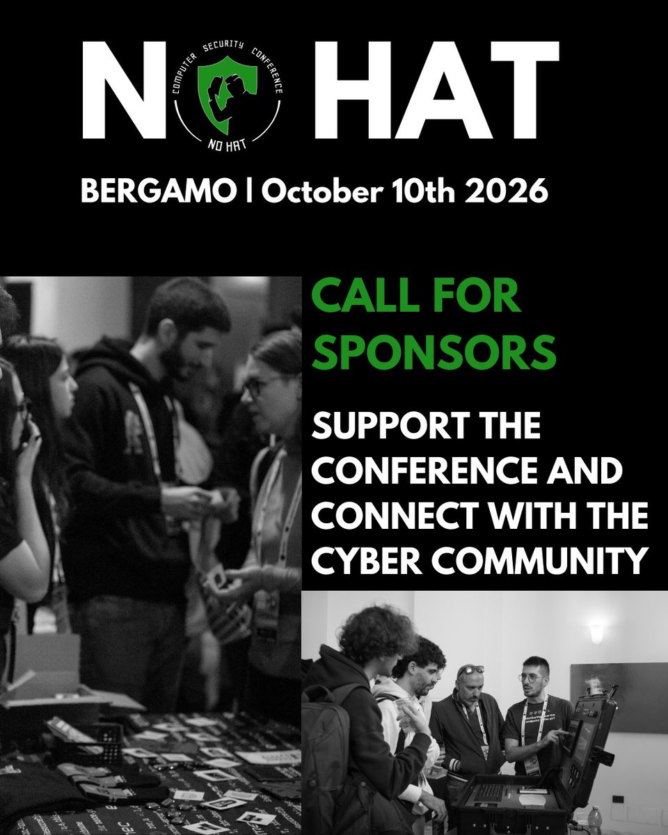nohatcon's tweet photo. #NoHat2026 is back in Bergamo on Oct 10th! With 900+ attendees at our last edition, it’s the perfect place to get your brand noticed and support the community.

Interested? Let’s talk! 
📧 info@hacklabg.net
🔗 https://t.co/TKxnx0q4L1

#NoHat2026 #CyberSecurity https://t.co/SOYwR6p1JK
