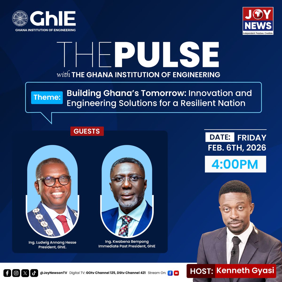 Official_GhIE's tweet photo. GhIE goes live on JoyNews’ flagship programme, The Pulse, bringing engineering into the heart of Ghana’s national conversation.
#GhIEInFocus
#EngineeringTheNation
#ThePulseJoyNews
#EngineersLead
#NationalDevelopment https://t.co/XY5vyHg3H3