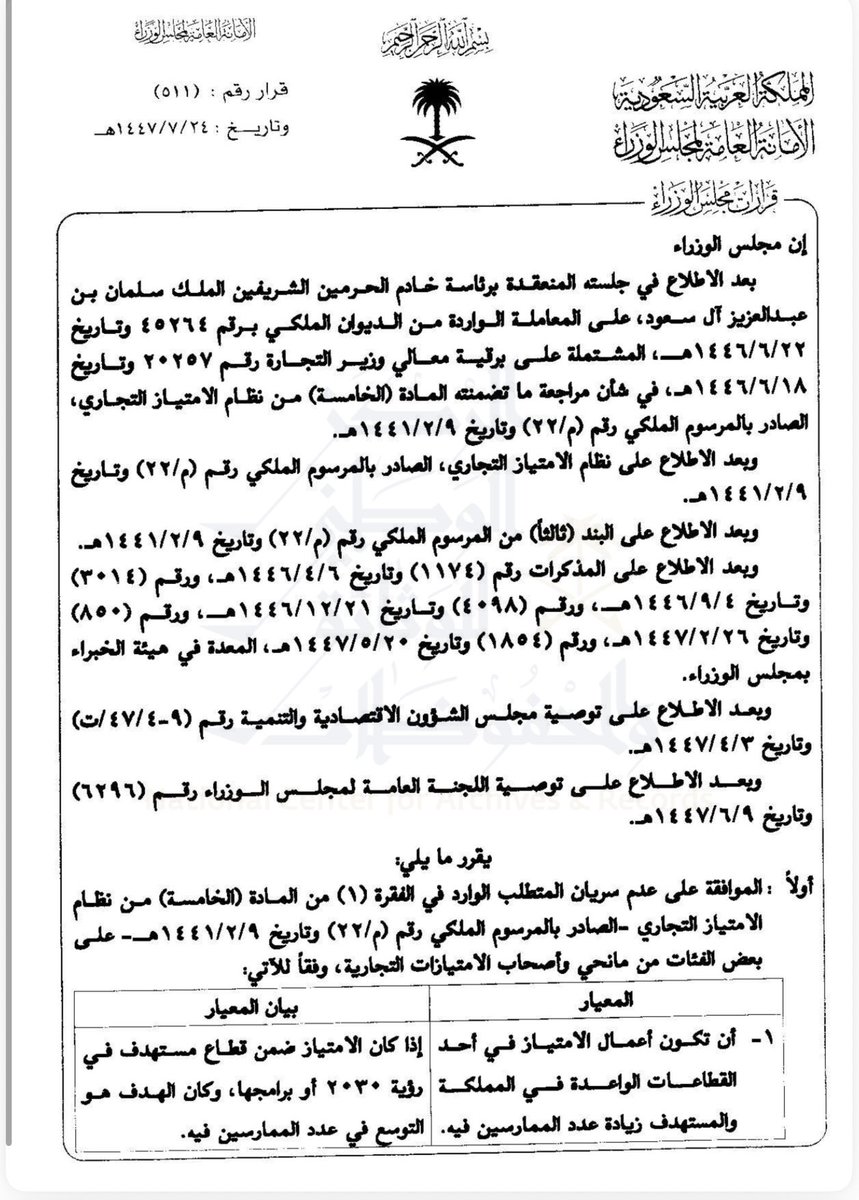 AL_OS10's tweet photo. ⚖️ عدم سريان المتطلب الوارد في الفقرة (1) من المادة (5) من نظام الامتياز التجاري لعام 1441هـ على بعض الفئات من مانحي وأصحاب الامتيازات التجارية https://t.co/Mt5wJIxEPF