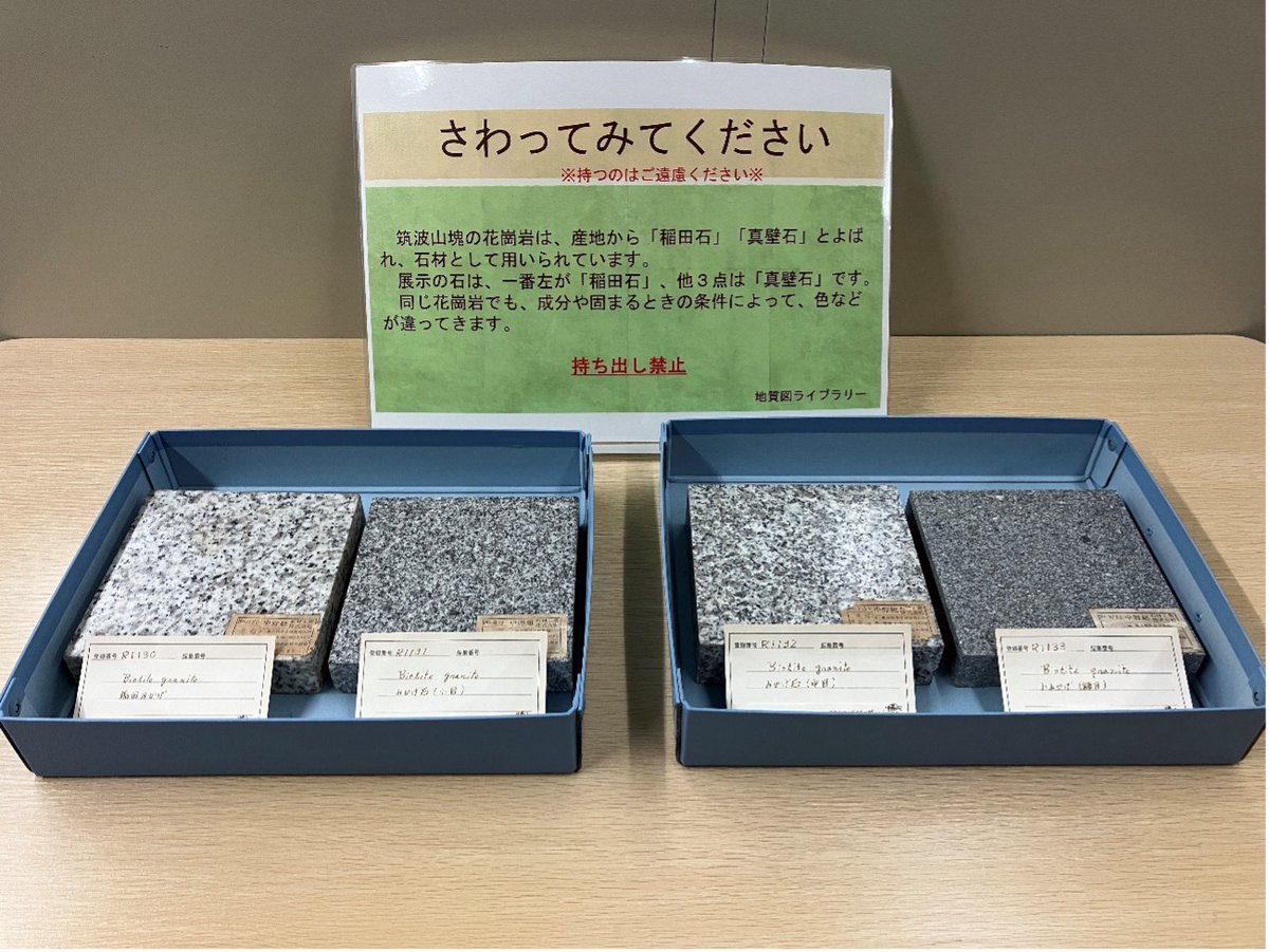 AIST_JP's tweet photo. GSJ地質ニュース2026年2月号掲載しました✨
https://t.co/3j5FCT6nZ2

本号では
✅「祝認定！ヘリテージストーン 天然石材遺産─筑波山塊の花崗岩─」開催
✅館長が案内するヘリテージストーン
などを掲載しています👀

写真は、筑波山塊の花崗岩。左から稲田石、真壁石（小目／中目／糠目）の岩石標本🪨