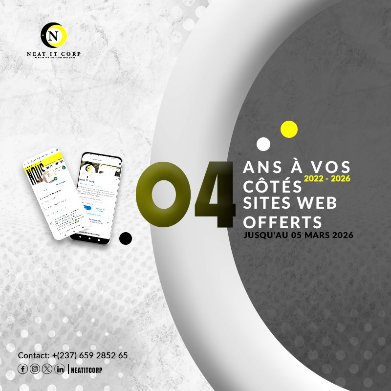 NeatitCorp's tweet photo. 🎉 4 ans d’existence 🎉
4 ans de confiance 🤝
Pour célébrer, nous offrons 4 sites web gratuits à 4 partenaires/clients qui ont collaboré avec nous depuis le début.
Merci pour ces 4 années 🚀
#4Ans #Entrepreneuriat #WebDesign #Digital #Anniversaire https://t.co/If7tS5xFjM