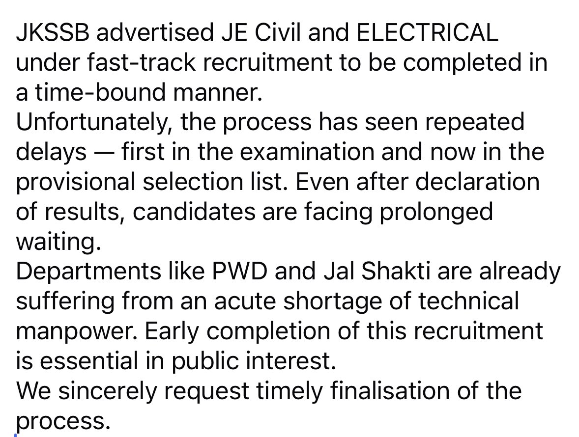 JE Civil &amp; Electrical fast-track recruitment delayed again. Technical departments are suffering. Time to act now.
<a href="/DrJitendraSingh/">Dr Jitendra Singh</a> 
<a href="/OfficeOfLGJandK/">Office of LG J&K</a> <a href="/OmarAbdullah/">Omar Abdullah</a> <a href="/CM_JnK/">Office of Chief Minister, J&K</a> <a href="/iamsatsharmaca/">Sat Sharma (CA)</a> <a href="/mpjugalkishore/">Jugal Kishore Sharma (मोदी का परिवार)</a> <a href="/Sunil_SharmaBJP/">Sunil Sharma</a>
