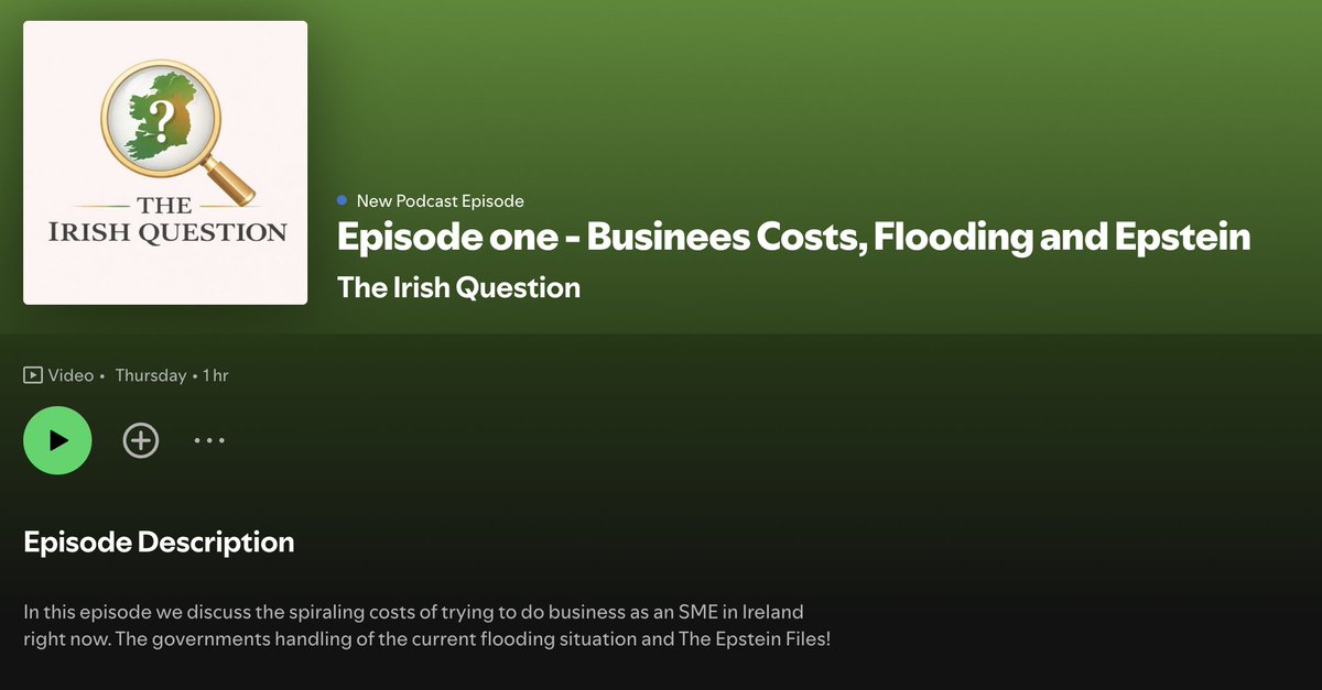 We've started a new podcast "The Irish Question".

Myself, <a href="/mullallyelaine/">Elaine Mullally ☘️</a>  <a href="/declanganley/">Declan Ganley</a>, <a href="/PaulTreyvaud/">Paul Treyvaud</a> 

A key goal is to broaden reach across all platforms. So its v important we rank high in Irish pod charts.

Please subcribe &amp; listen on Spotify: open.spotify.com/episode/1FN9QN…

Lets