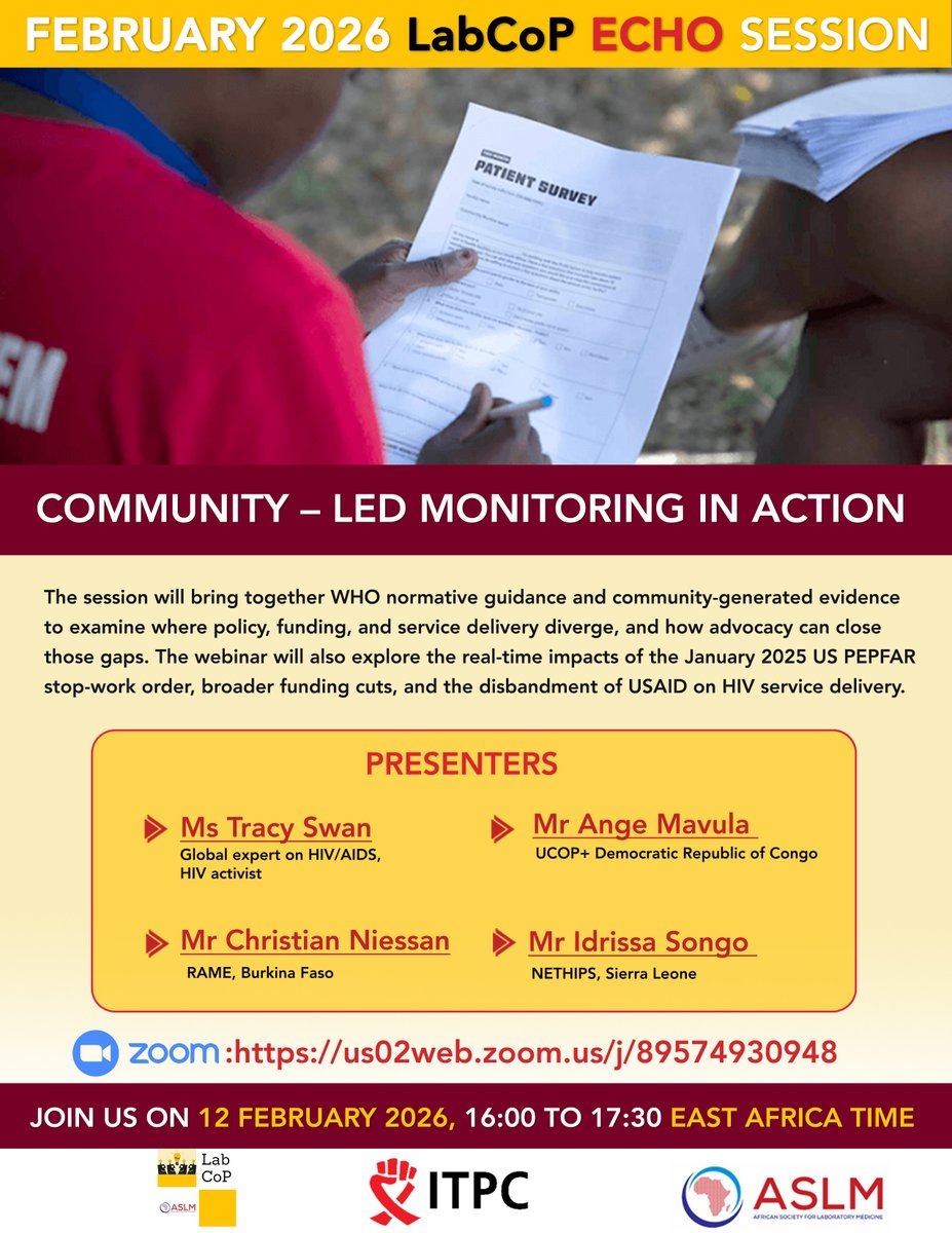 ASLM_News's tweet photo. Don't miss #LabCoP's ECHO Session on 12 Feb! This session will bring together @WHO normative guidance and community-generated evidence to examine where policy, funding, and service delivery diverge and how advocacy can close those gaps. The webinar will also explore the real-time impacts of the January 2025 US PEPFAR stop-work order, broader funding cuts, and the disbandment of USAID on HIV service delivery. Register at https://t.co/dN4deo7uzH