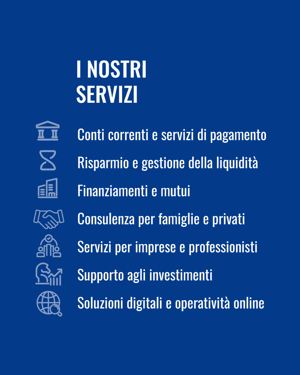 bancadicagliari's tweet photo. Offriamo servizi bancari pensati per accompagnare le diverse fasi della vita personale e professionale.

Ogni servizio nasce con un obiettivo preciso:
fornire strumenti chiari, affidabili e sostenibili nel tempo.

Perché scegliere bene oggi fa la differenza domani. https://t.co/CI6nrFFn9k