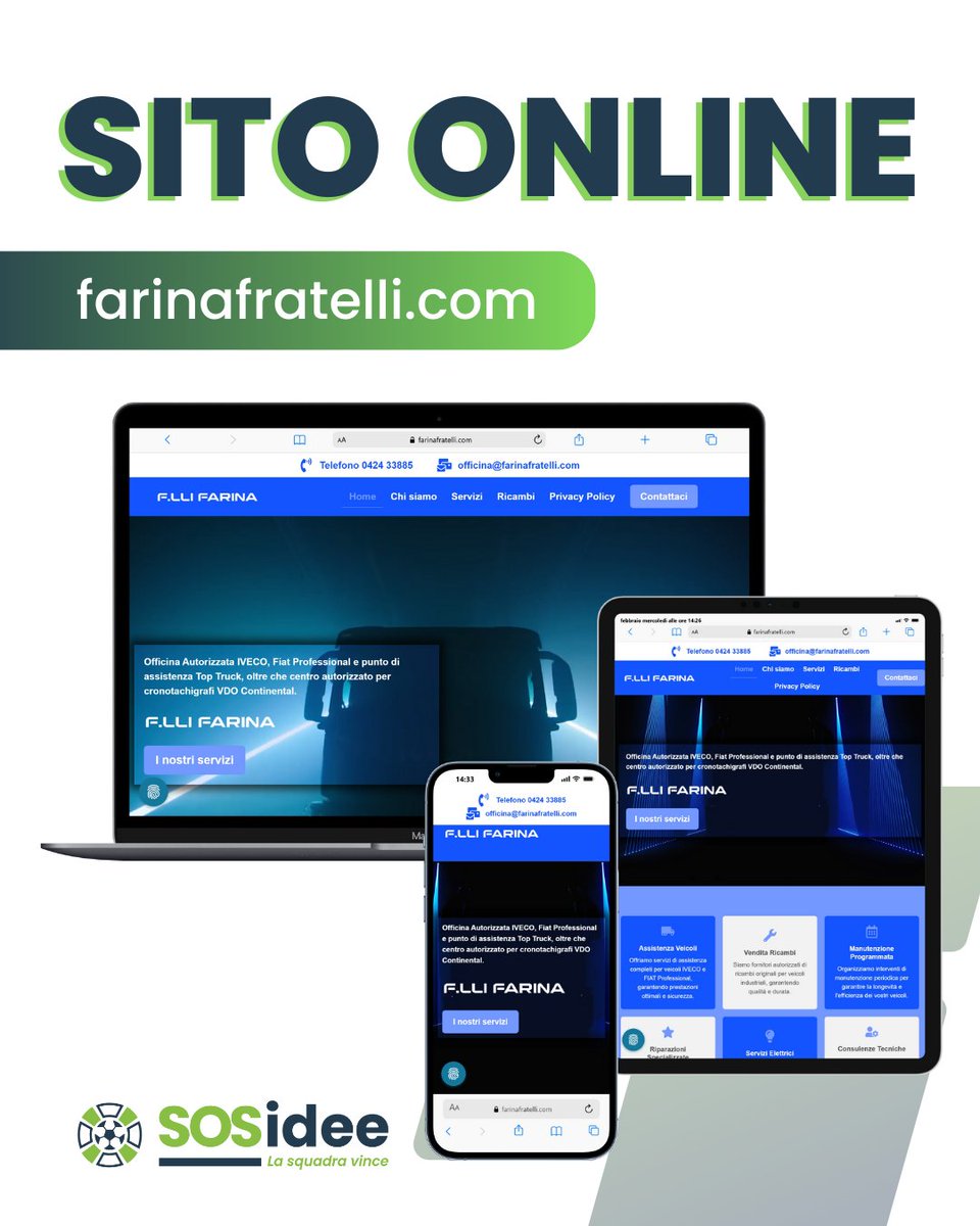 Con l’officina Fratelli Farina, concessionaria autorizzata IVECO, si è creato un rapporto basato sulla fiducia e sul confronto concreto.
💻 Il sito è online da un paio di mesi e sta già dando risultati. Quando cliente e partner remano nella stessa direzione, i risultati arrivano.