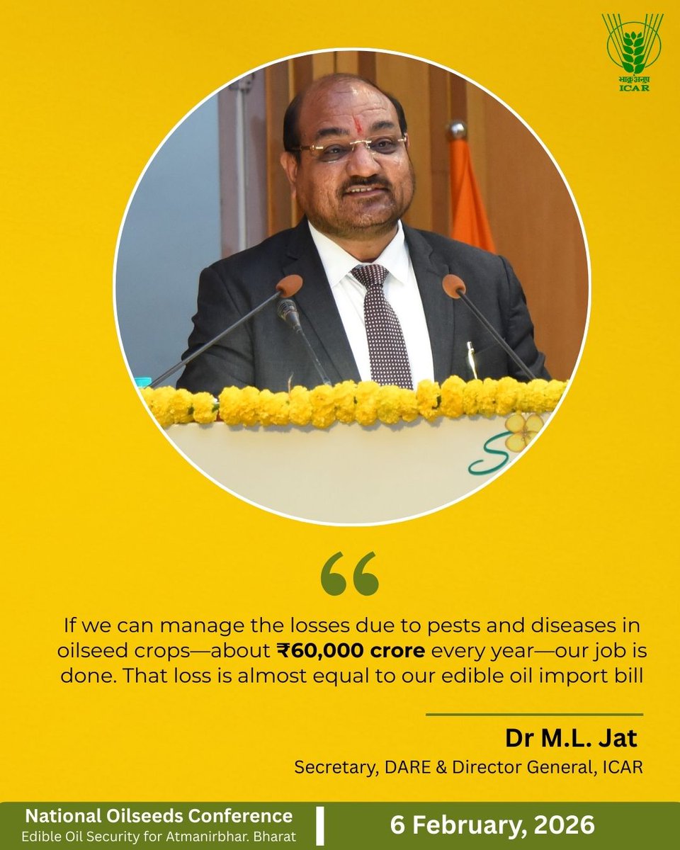 icarindia's tweet photo. National Oilseeds Conference inaugurated. Dr M L Jat said India can cut edible oil imports by bridging yield gaps and reducing ₹60,000 cr annual oilseed losses—key to Atmanirbhar Bharat.
#ICAR @ChouhanShivraj @PIB_India @AgriGoI https://t.co/tlkqlEeFOp