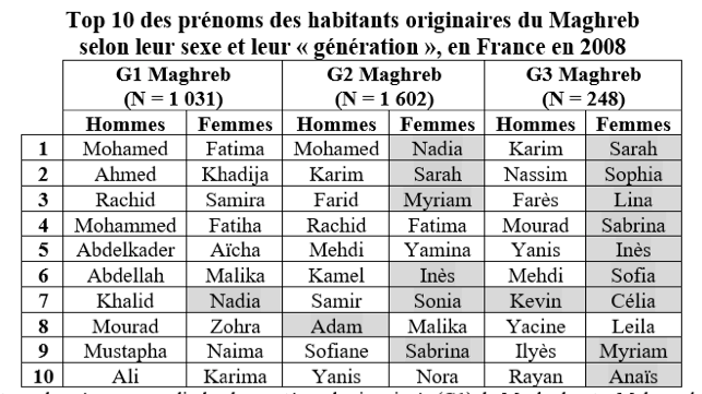 Los nombres que pone la gente de origen magrebí en Francia. Se observa que los nietas de los inmigrantes magrebíes ya tienen nombres intercambiables con la población francesa, mientras en caso de los nietos, siguen prevaleciendo nombres "musulmanes".
