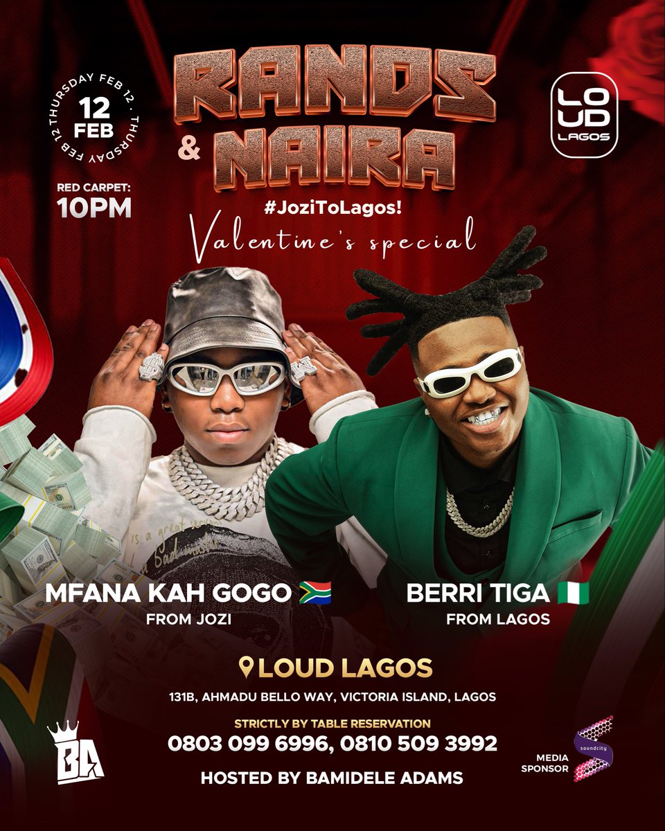 loudlagos01's tweet photo. Rands &amp; Naira 💷🍾💰 

Lagos Meets Jozi On Thursday, Feb 12th @LoudLagos featuring @mfanakahgogo from SA 🇿🇦 &amp; @berri_tiga from Nigeria🇳🇬 in an affair that promises to be luxurious, premium &amp; classy fun 🤩 

Dress policy is Sassy Touch of Red OR White 📍🚀 https://t.co/XtcNzDGx1e