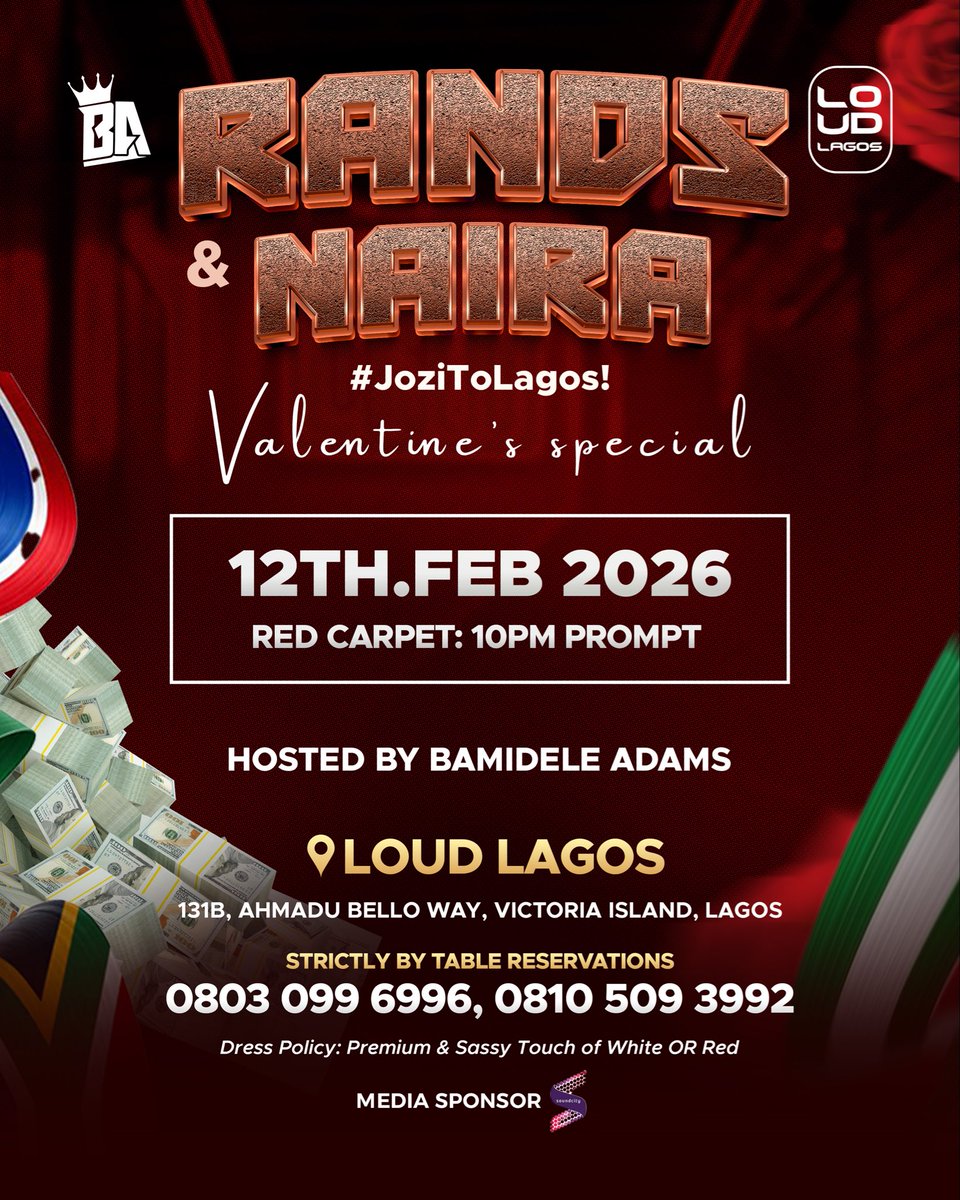 loudlagos01's tweet photo. Rands &amp; Naira 💷🍾💰 

Lagos Meets Jozi On Thursday, Feb 12th @LoudLagos featuring @mfanakahgogo from SA 🇿🇦 &amp; @berri_tiga from Nigeria🇳🇬 in an affair that promises to be luxurious, premium &amp; classy fun 🤩 

Dress policy is Sassy Touch of Red OR White 📍🚀 https://t.co/XtcNzDGx1e