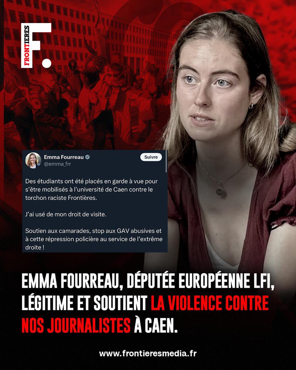 « J’ai usé de mon droit de visite. Soutien aux camarades, stop aux GAV abusives »

🚨 Emma Fourreau (LFI) légitime et soutient la violence contre nos journalistes à la faculté de Caen.

👉 Nous soutenir : frontieresmedia.fr/nos-abonnements
