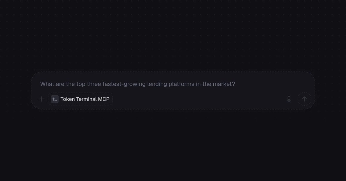 tokenterminal's tweet photo. 🆕🤖 Token Terminal MCP is here!

Today, we're launching an MCP server that lets you query Token Terminal data directly in @claudeai or @ChatGPTapp.

Ask questions in natural language and get data, charts, and baseline analysis in seconds. 

Get started now 👇 https://t.co/Ln0OWD85KV