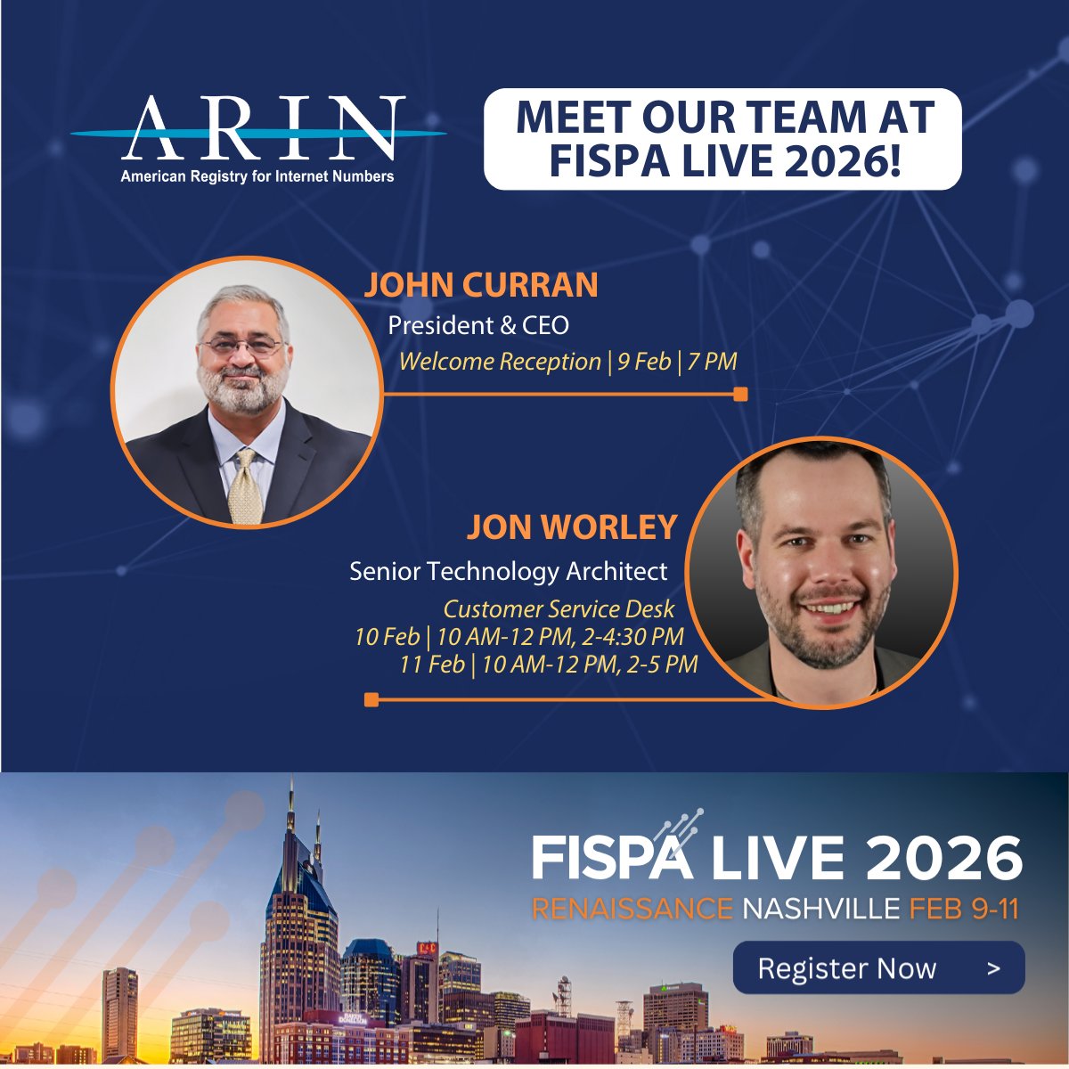 TeamARIN's tweet photo. Headed to #Nashville next week for #FISPALive2026?
Visit our Customer Service Desk Tues-Wed for help with #IPv6, #RoutingSecurity & more.
Plus, join President & CEO John Curran at the Welcome Reception on Monday night!
https://t.co/vVTu35Q179
#FISPA #ISP #RPKI @FISPALive https://t.co/HxuxXOn8nh